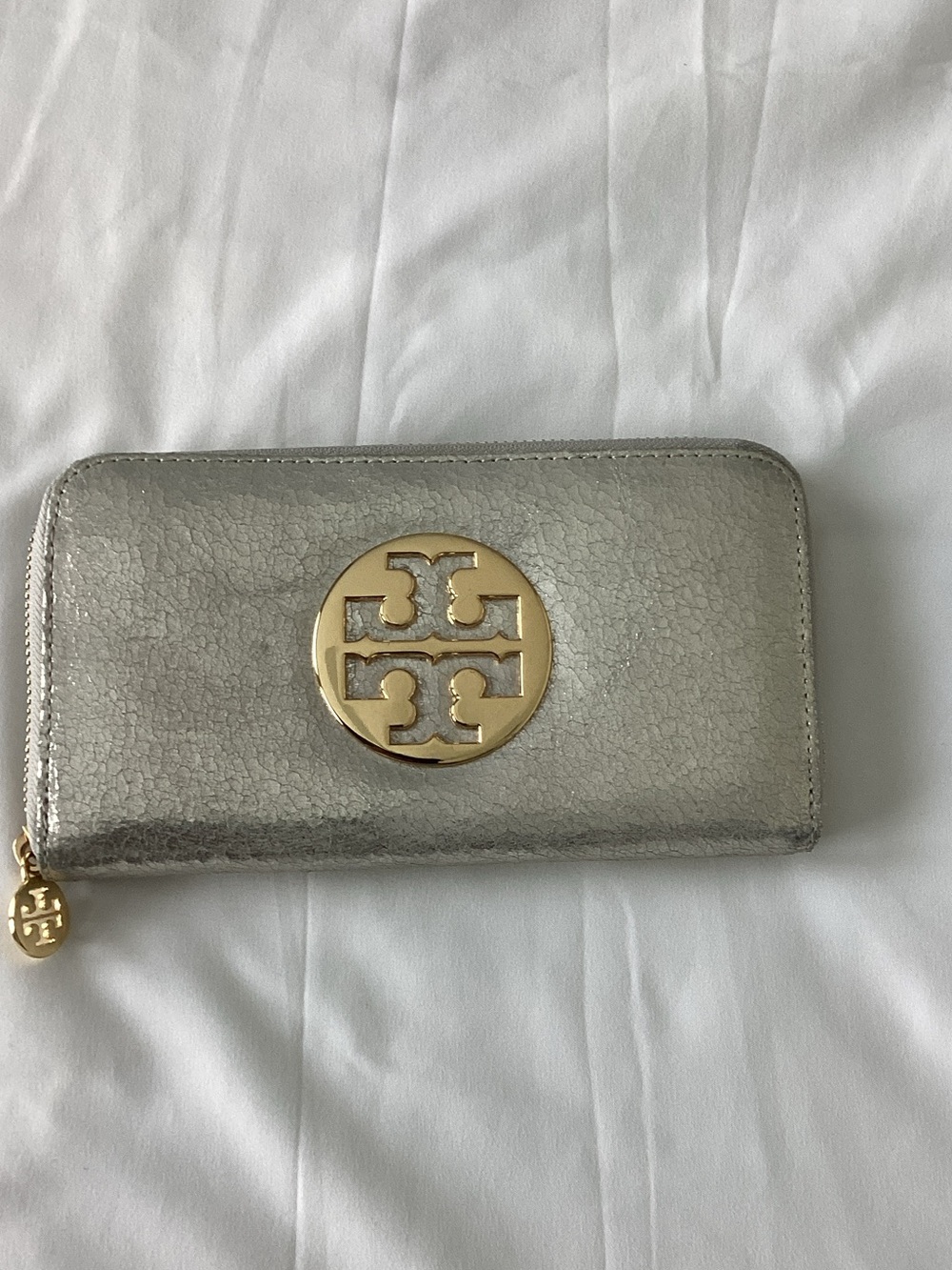 Tory Burch Silver Zip-Around Wallet with Gold Logo